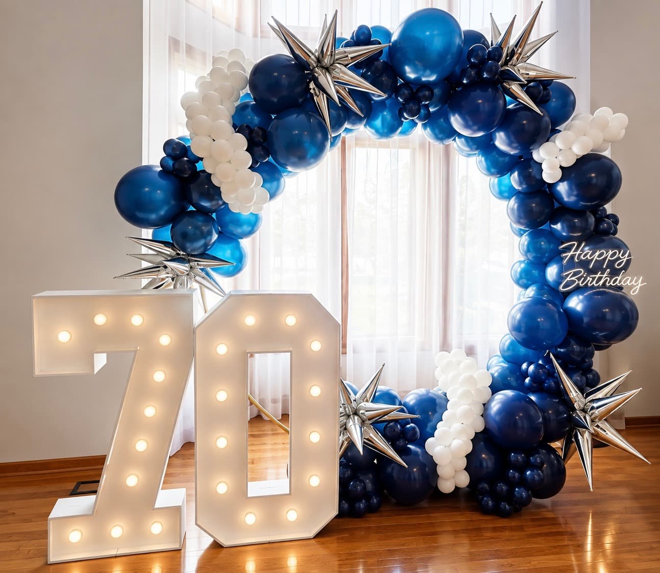 Navy balloon ring with silver starbursts and illuminated 70