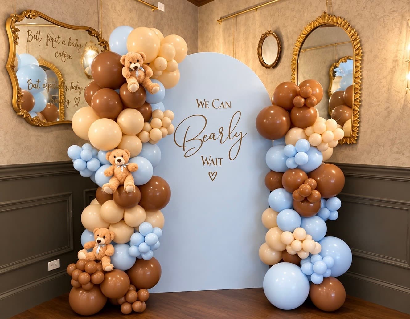 Blue and brown teddy-bear baby shower backdrop