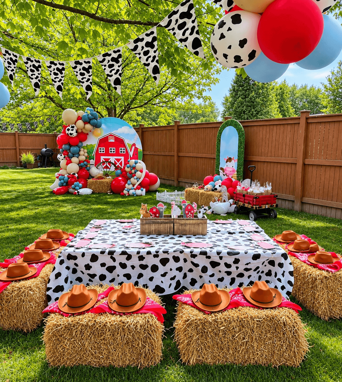 Farm-themed children's party with a styled table and balloon backdrop