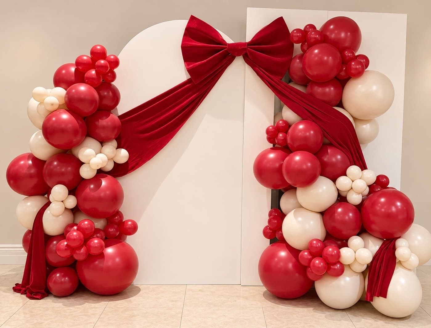 Red velvet bow with a red and cream balloon backdrop