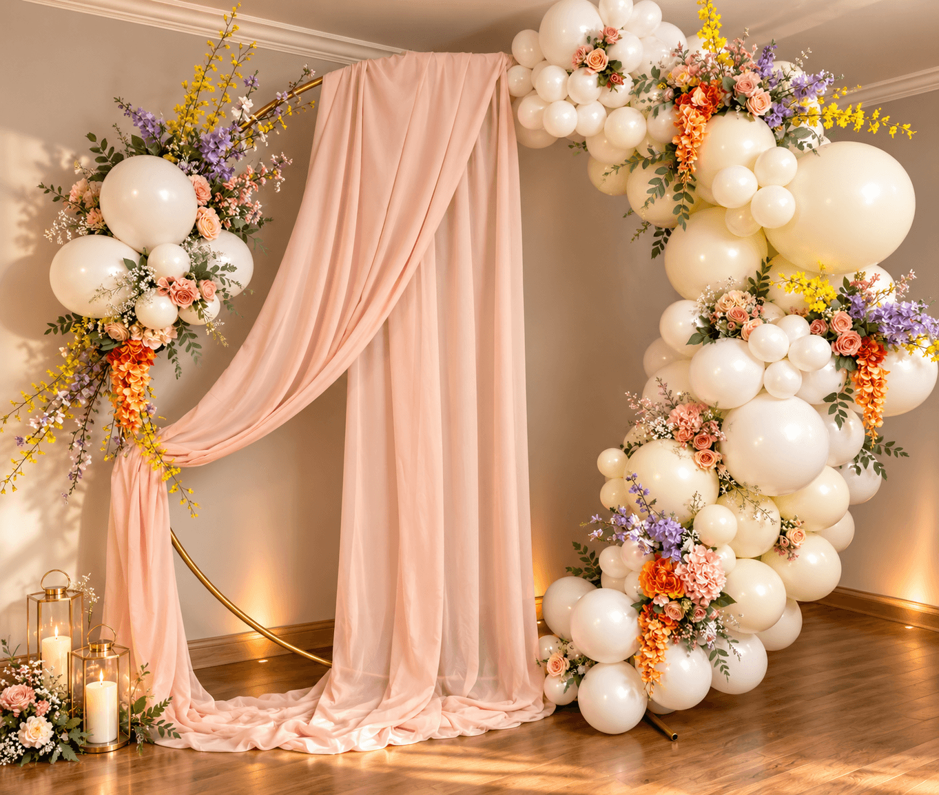 Blush draping, cream balloons, flowers, and lanterns