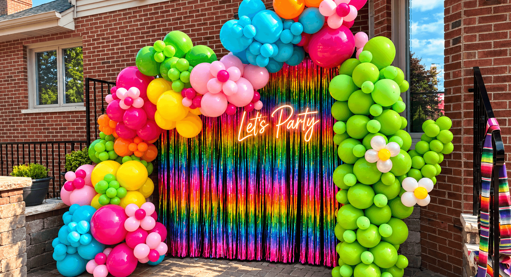 Bright flower-shaped balloons framing a rainbow shimmer wall