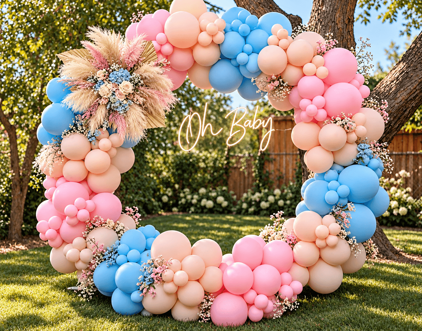 Pastel Oh Baby balloon ring with flowers outdoors